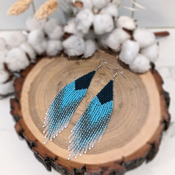 Hand Crafted Jewelry - Hand Crafted Boho Turquoise Beaded Fringe Earrings w/ TOHO seed beads